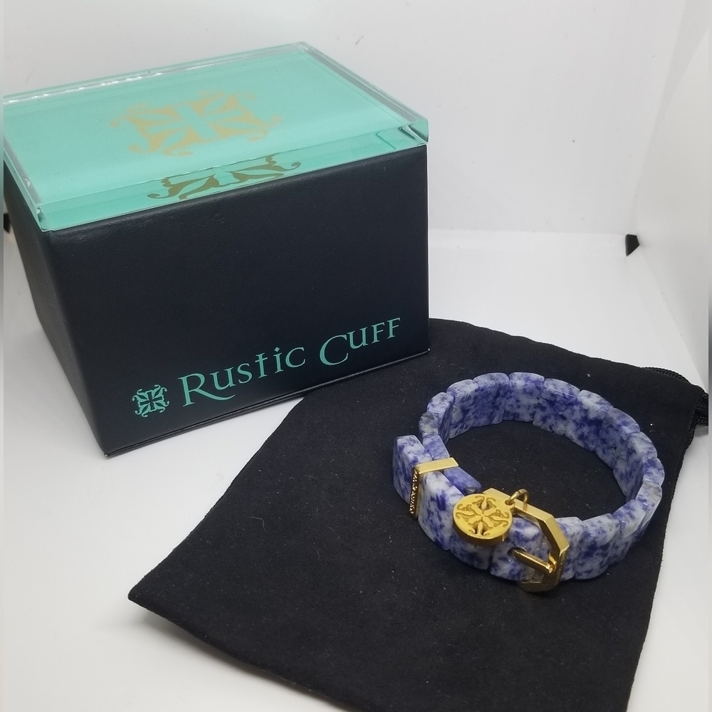 RUSTIC CUFF CHARAY GOLD SODALITE STONE BELT STYLE STRETCH BRACELET WITH BOX NWOT